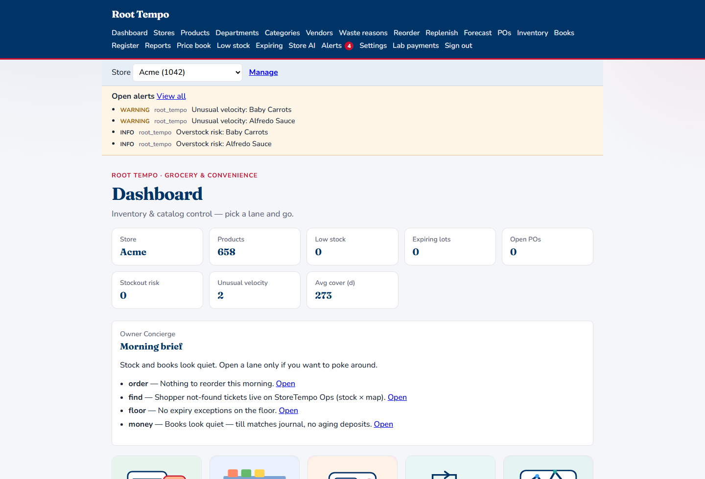 Grocery dashboard for Acme. Nav reads Products, Departments, Price book, and Expiring. Stats show 658 products.