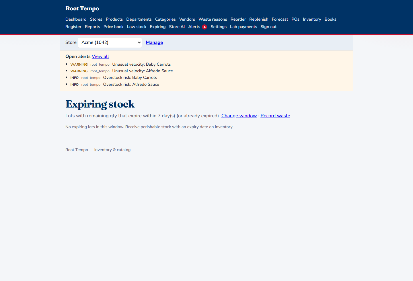 Expiring stock view for the grocery door, set to a 7-day window, with links to change the window or record waste.