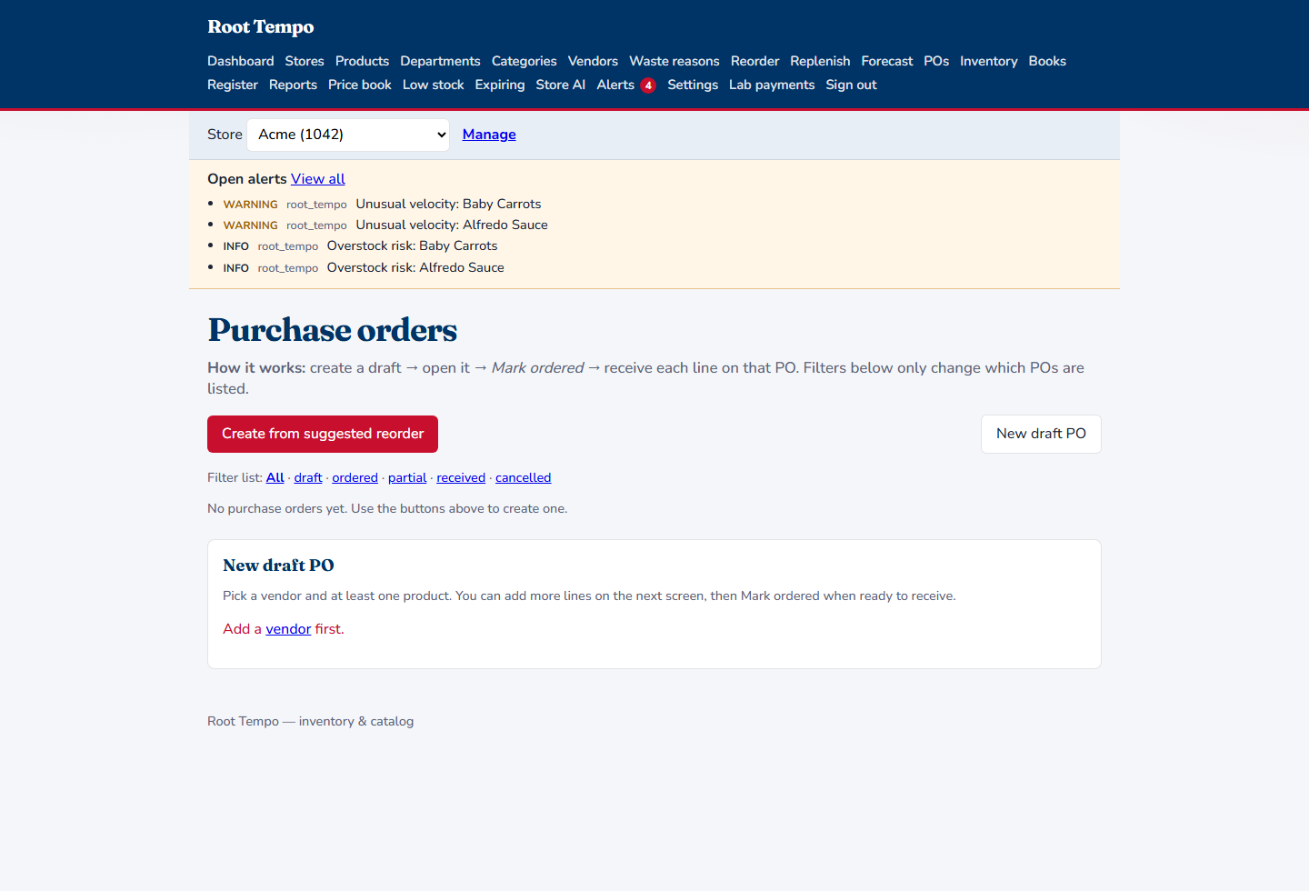 Purchase orders screen explaining draft, mark ordered, and receive, with filters for draft, ordered, partial, received, and cancelled.